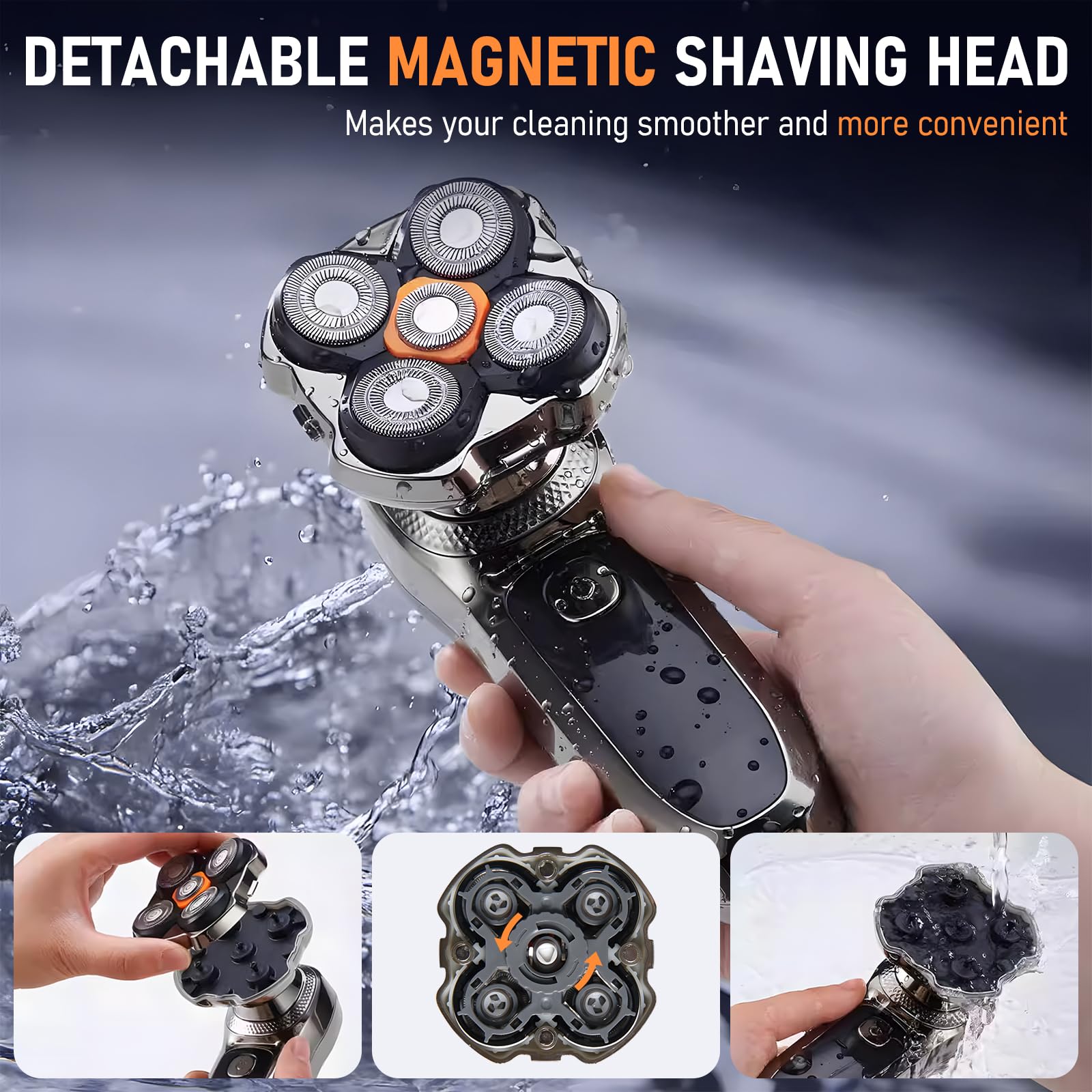 Journeyside Rasoio Testa Calva Uomo 6 in 1, 5D Rasoio Testa Calva Uomo, Uso Asciutto e Bagnato,Rasoio Elettrico Barba Senza Fili, Impermeabile IPX6, Display LED, Adatto per Capelli, Barba,Naso