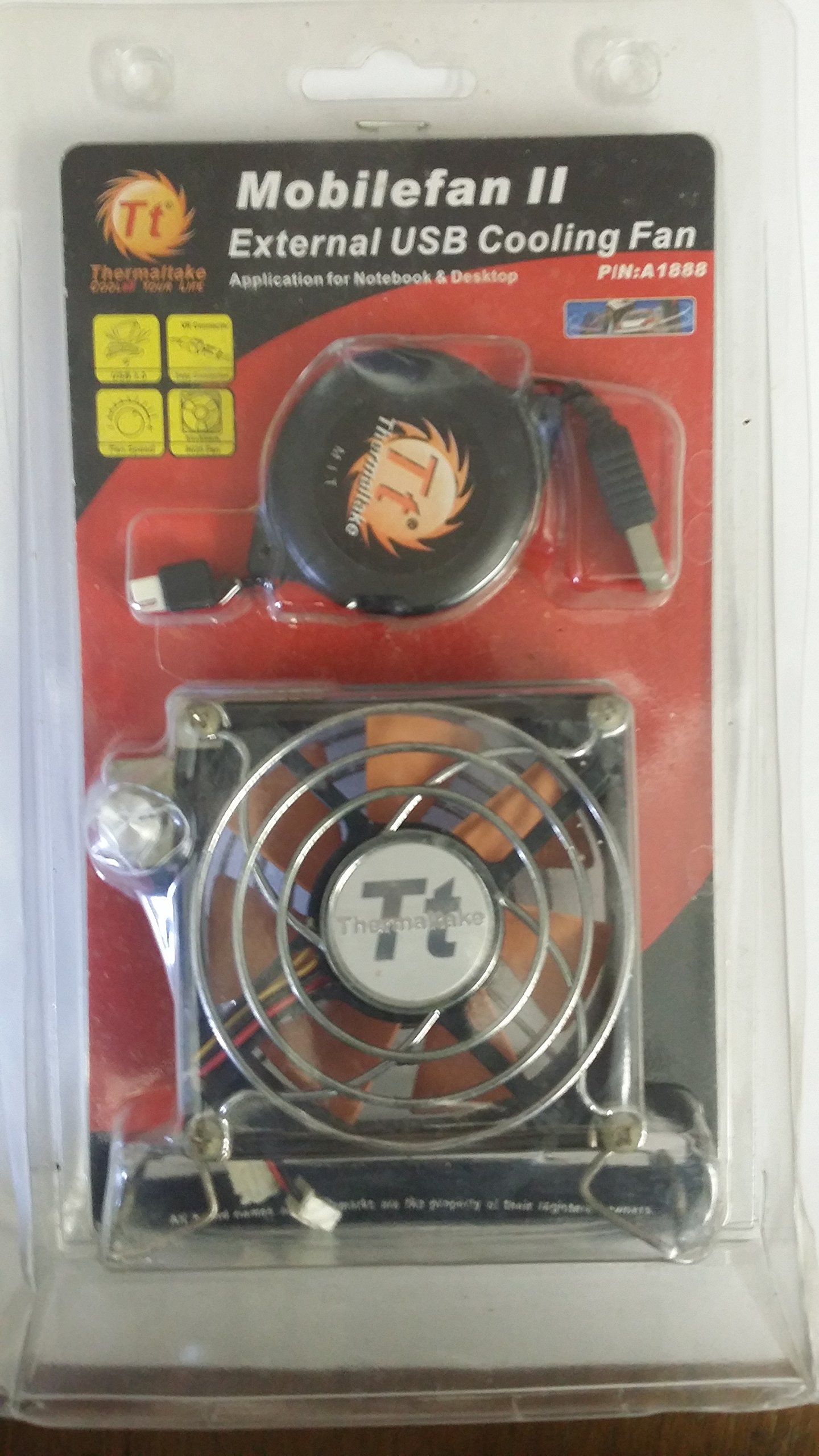 Thermaltake Mobile Fan II Adjustable Speed External USB Cooling Fan with One-touch Retractable USB power cable box for Notebook Laptop Desktop. A1888