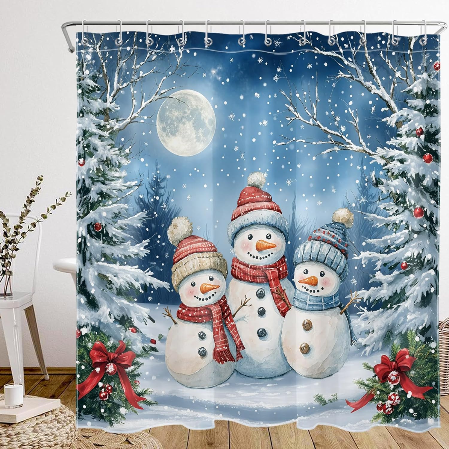 Winter Christmas Shower Curtain for Bathroom, Cute Snowman and Green Xmas Tree Moon Shower Curtain Set Red Bow and Xmas Balls Bathroom Curtains Hooks Included, 72W x 78L inches