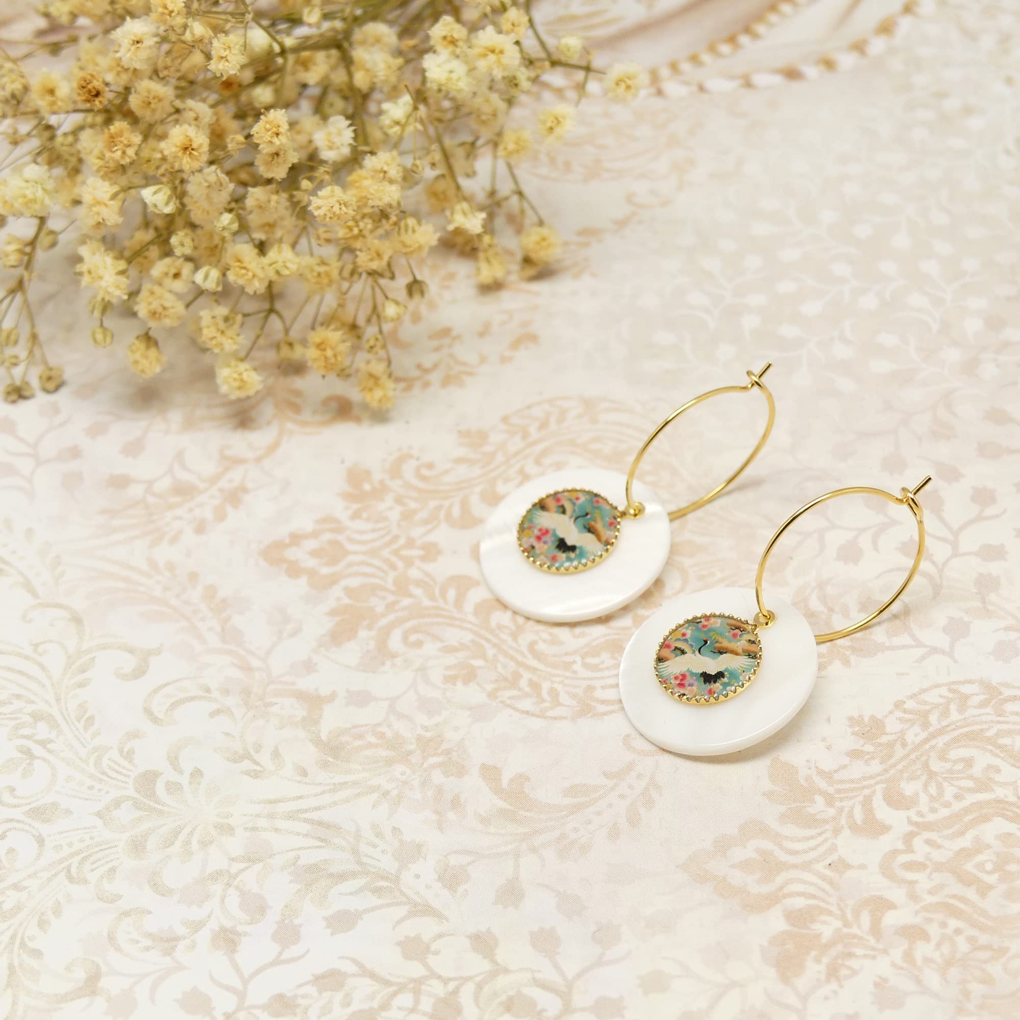 Mini aros Crane Japon verde oro rosa intercambiables latón dorado oro 24K lentejuela resina