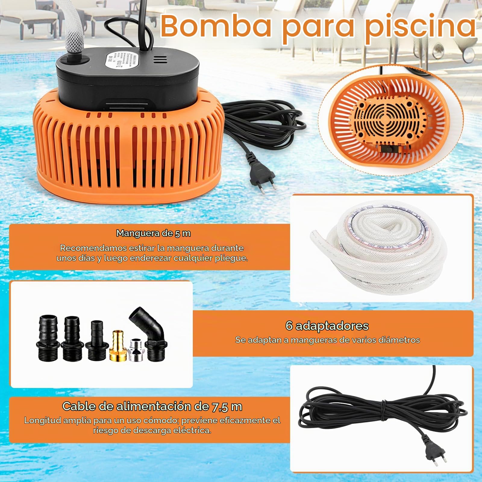 Bomba de Agua Sumergible 75W, Bomba de Cubierta de Piscina 3200L/H Altura Máxima de Elevación 3,2 m con Cable de 7,2 m, 6 Adaptadores Diferentes Manguera de 5 m para Estanques