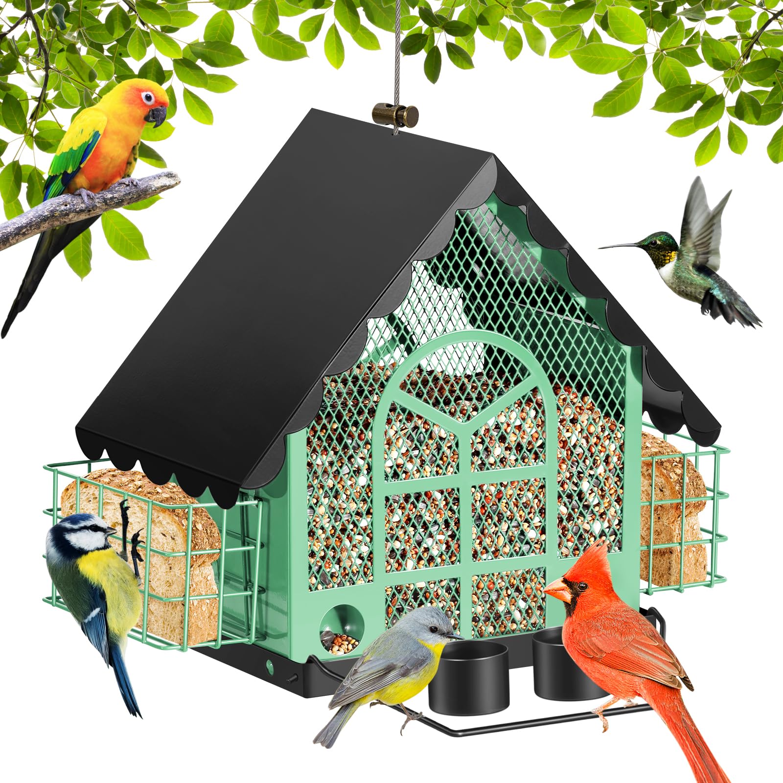 Comedero para PáJaros para Colgar, Comedero Pajaros Exterior, con Dos Cestas de AlimentacióN y Tazas de Agua, Resistente a La Intemperie Comedero Pajaros, Terraza, DecoracióN de JardíN，Verde