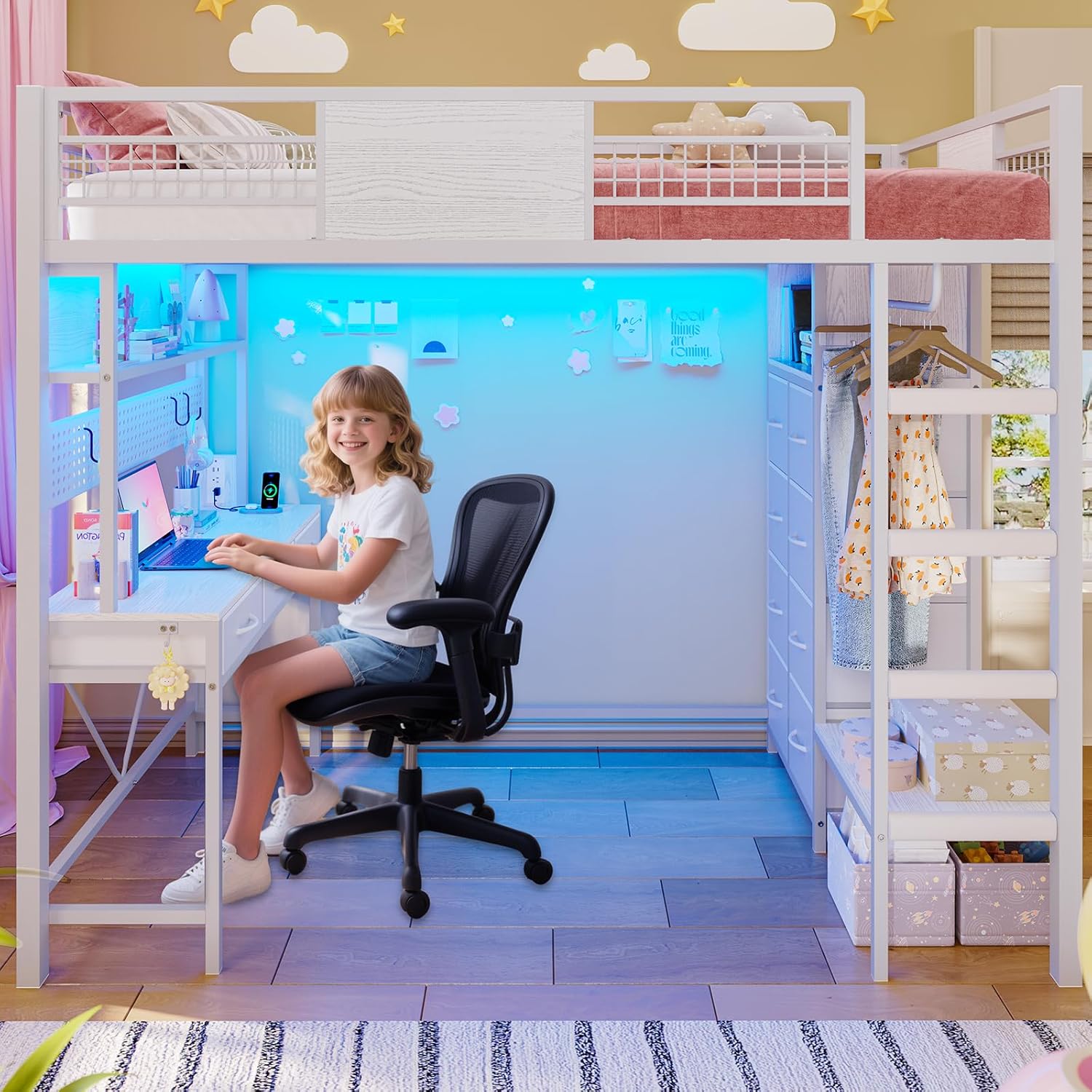 ADORNEVE Twin Size Loft Bed with Desk, 11 Storage Drawers & RGB LED Lights, Metal Loft Bed with Power Outlet, Shelves & Clothing Rack, 13.4" H Safety Guard & Paded Ladder, White