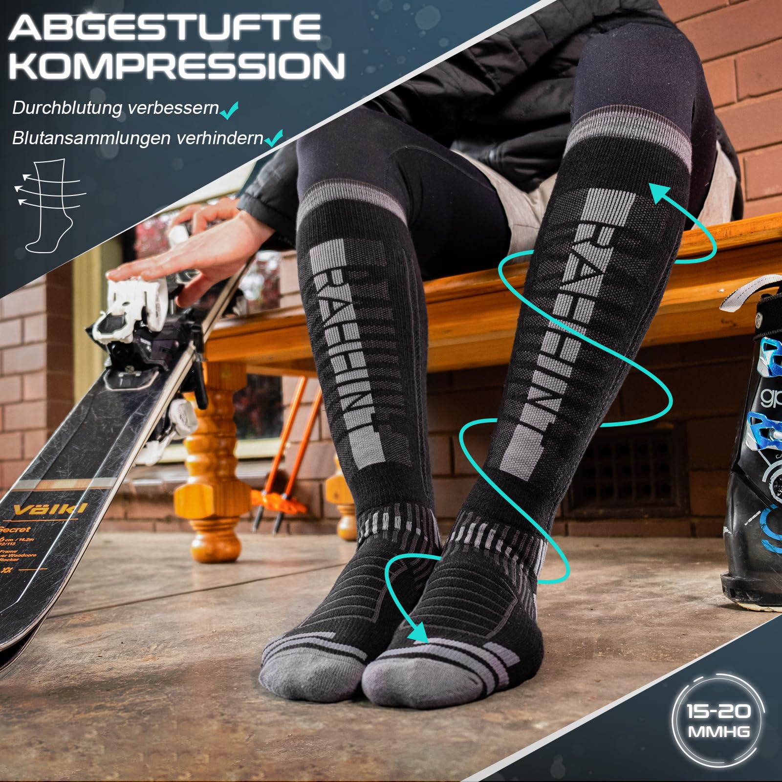 Rahhint Calze da Sci a Compressione in Lana Merino per Uomo, Donna e Adolescente, Calze Termiche Invernali, Calze da Trekking Con Imbottitura, Calze al Ginocchio, Taglia 35-51, (2 Paia)