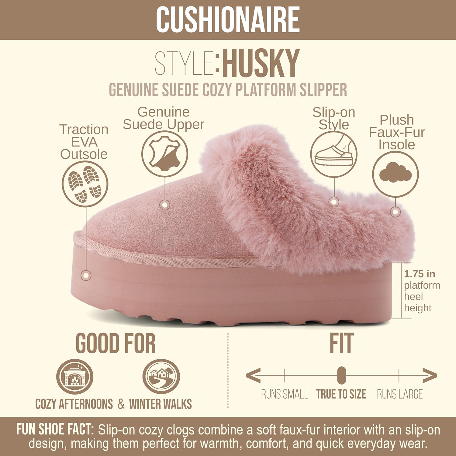 CUSHIONAIRE Husky 100% Genuine Suede Platform Slippers for Women with Fuzzy Faux Fur Lining, Comfortable Memory Foam Platform Clog Slippers, Wide Widths Available