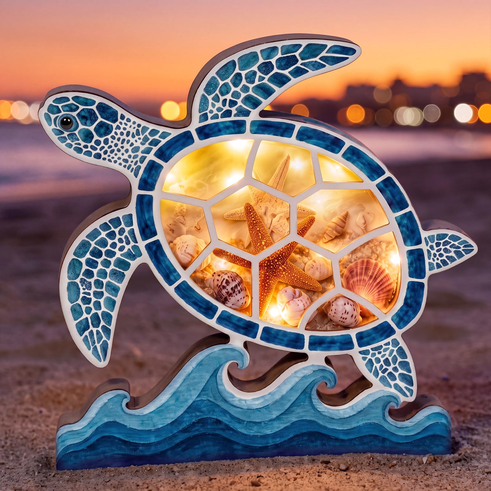 FoldTier Turtle Seashell Holder with LED Light, Wood Seashell Display Case