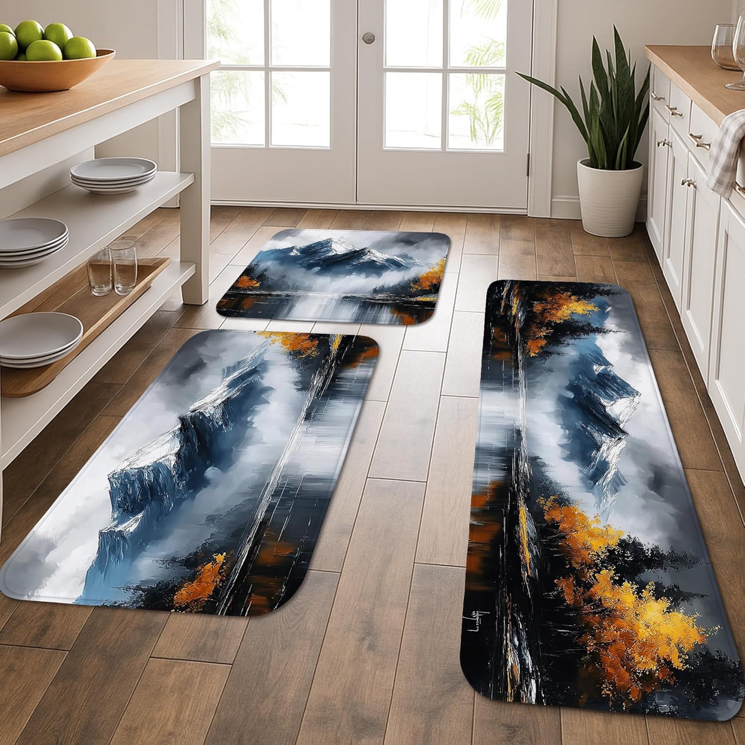 Mountain Landscape Kitchen Mats for Floor, Artistic Nature Design Soft Mats, Cushioned Comfort Washable Non Slip Decor Rugs for Kitchen Sinks Laundry Room Bathroom 3Pcs