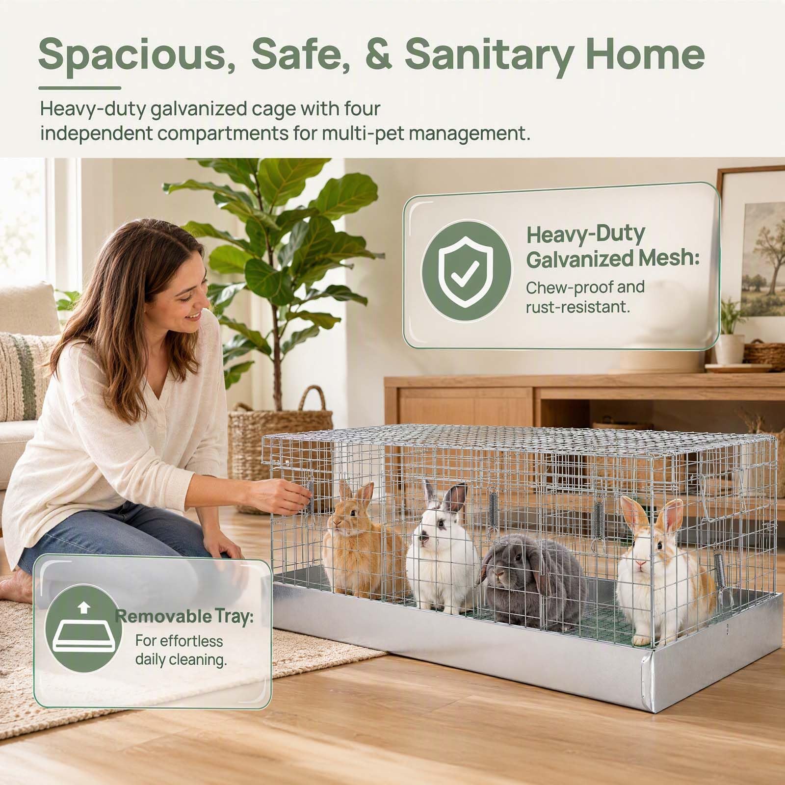 Faltbarer Transportkäfig für Kaninchen und Meerschweinchen aus Metall, 4 Löcher, tragbare Tragetasche mit Tablett und Griffen für Reisen, Indoor-Outdoor-Lebensraum für Kleintiere (1, Silber
