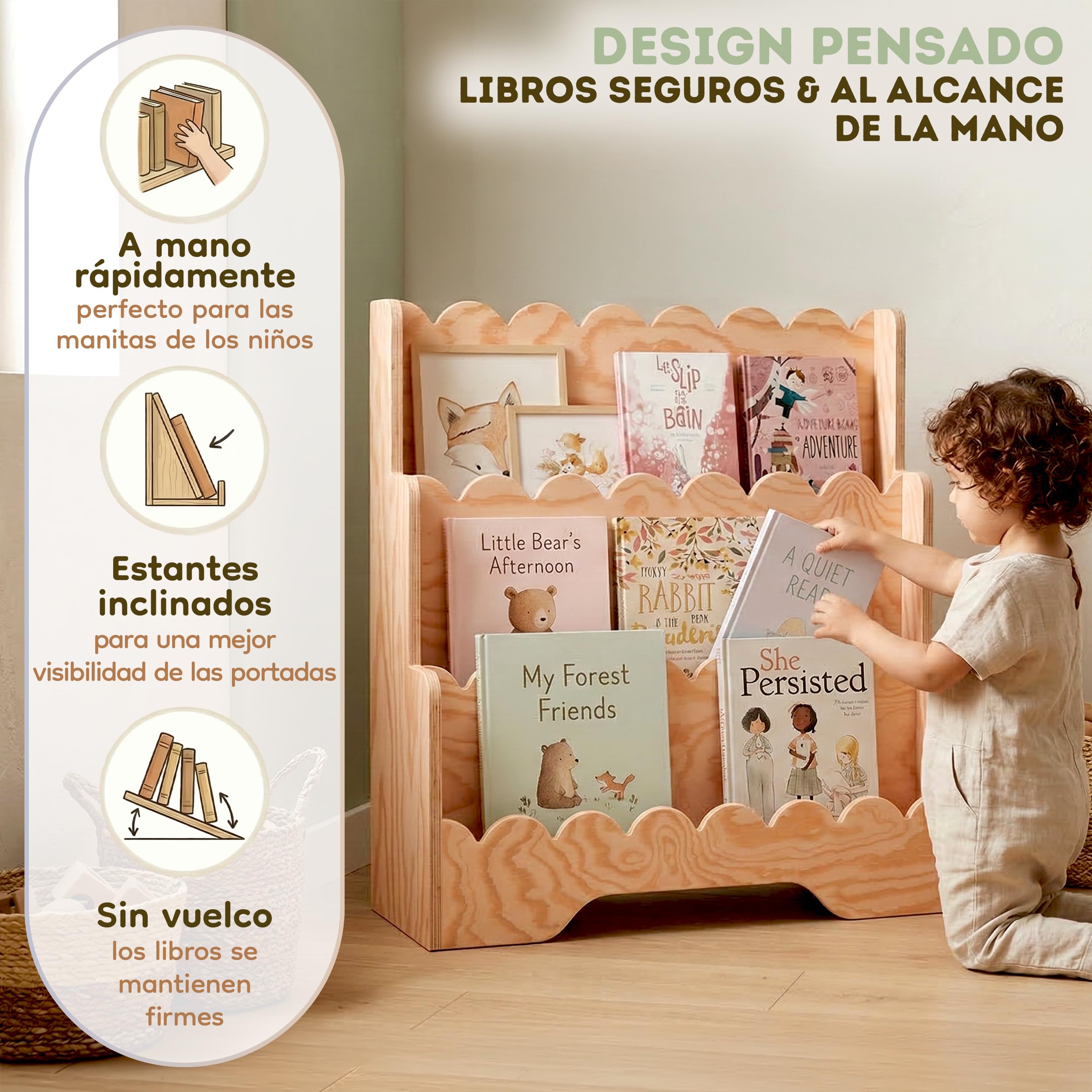 smartwood Libreria Infantil - Estanteria Montessori para Habitación Infantil con 3 Compartimentos de Pino Certificado FSC para Libros y Juguetes 64x31,5x71 cm - Estable y Montaje Fácil - Lulu