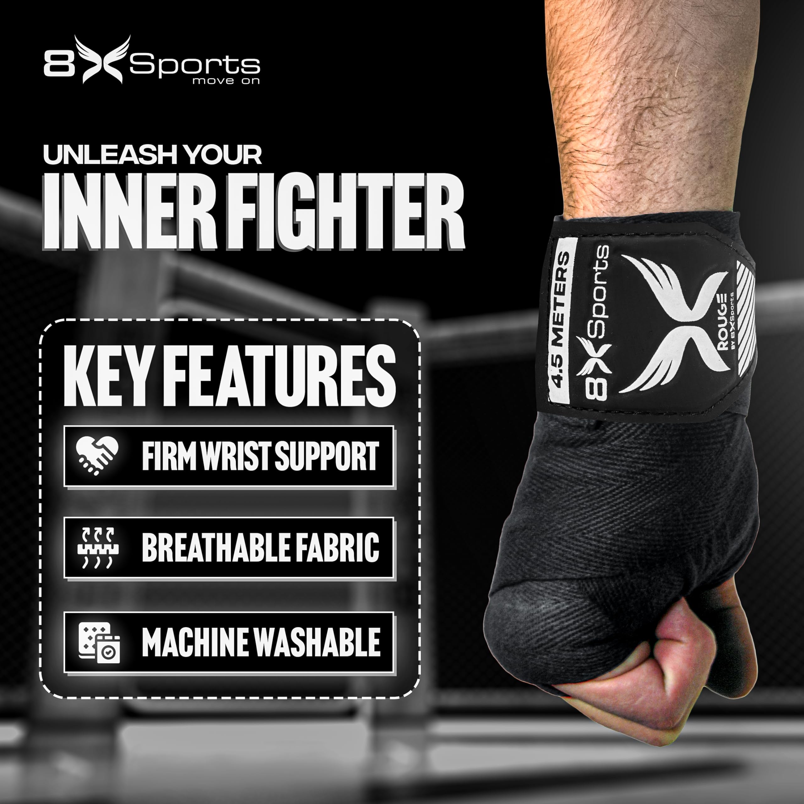 8Xsports Boxing Hand Wrap Set, 4.5m Elastic Thumb Loop Bandages for MMA Muay Thai, Kickboxing - Image 3