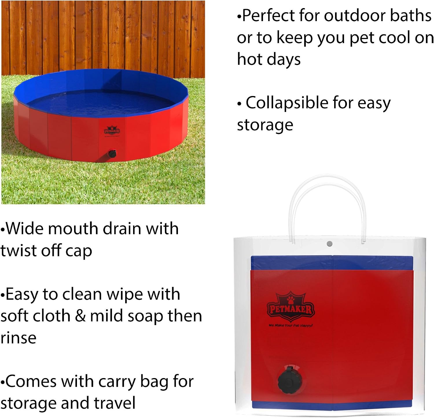 Portable Pool for Dogs – 47-inch Diameter Foldable Pool with Carrying Bag – Large Pet Pool with Drain for Bathing or Play by PETMAKER (Red)