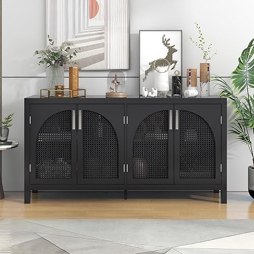 Merax Aparador de bufé de madera rústica con 4 puertas de ratán gabinete de cafetería bar soporte de TV para dormitorio sala de estar comedor y