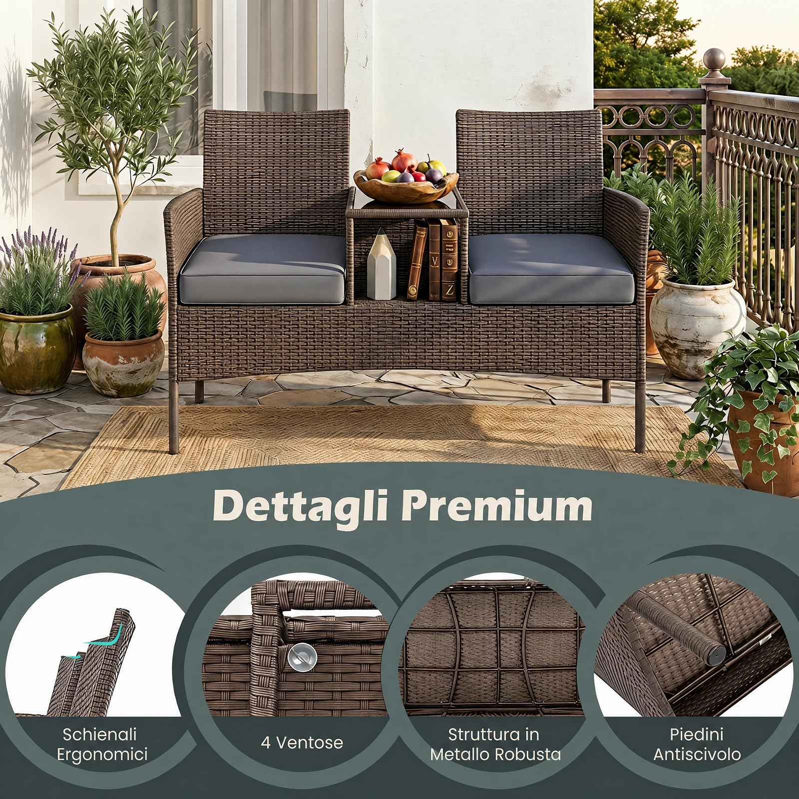 SOARS Panchina da Giardino 2 Posti, Divanetto da Esterno in Rattan con Tavolino in Vetro Temperato Integrato e Cuscini Rimovibili, Salotto da Giardino Esterno per Balcone e Piscina, 124 X 62 X 84 CM