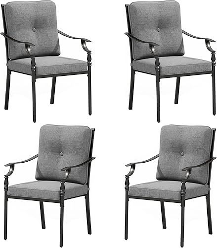 Miniatura 14 de PHI VILLA Juego de comedor al aire libre de 7 piezas para 6, mesa de comedor rectangular de acero negro con sillas fijas y giratorias de hierro,