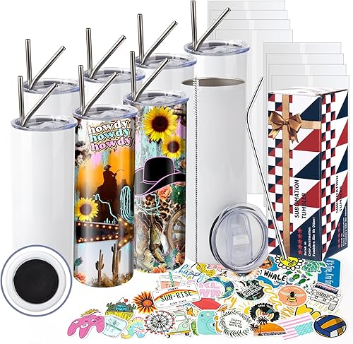 ROTERSTEIN Paquete de 8 vasos de sublimación de 20 onzas de acero inoxidable de doble pared delgado recto en blanco a granel con tapa, pajilla,