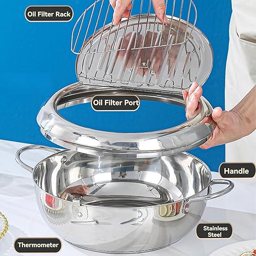 Miniatura 4 de Olla japonesa para freidora, olla de acero inoxidable con termómetro y escurridor de aceite para cocinar con tapa y filtro (mediana de 13 pulgadas)