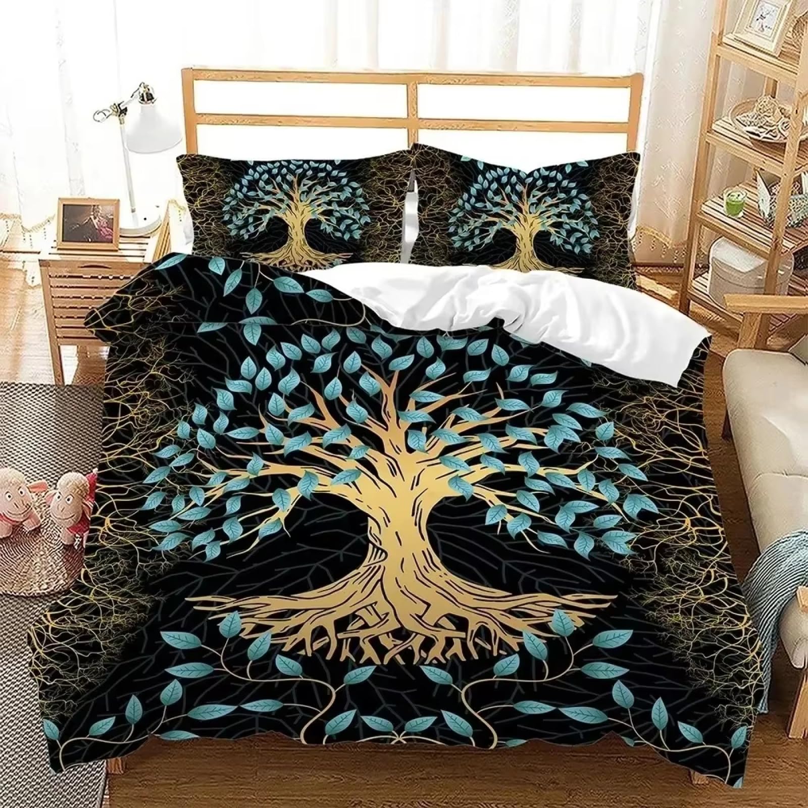 Zestaw pościeli w rozmiarze Super King Tree Of Life z zapięciem na zamek błyskawiczny, pościel dla dorosłych i dzieci, miękka, oddychająca poszewka z mikrofibry 260 x 220 cm + 2 poszewki na