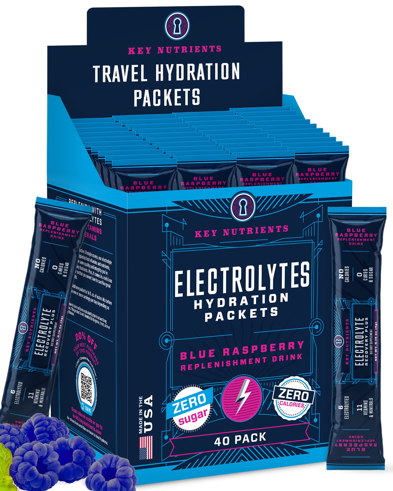 KEY NUTRIENTS Electrolytes Powder Packets - Delicious Blue Raspberry 40 Pack Hydration Packets - Travel Hydration Powder - No Sugar, No Calories, Gluten Free - Made in USA