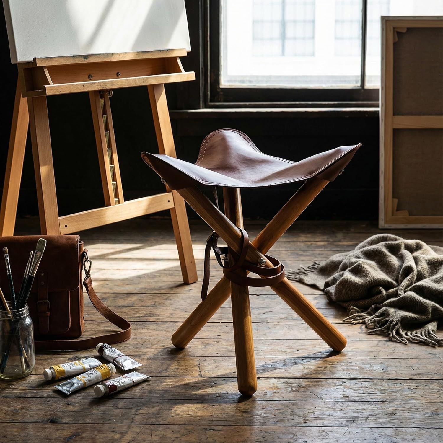 Bare Decor Cuspand Teak and Genuine Leather Artist Folding Accent Stool in Brown