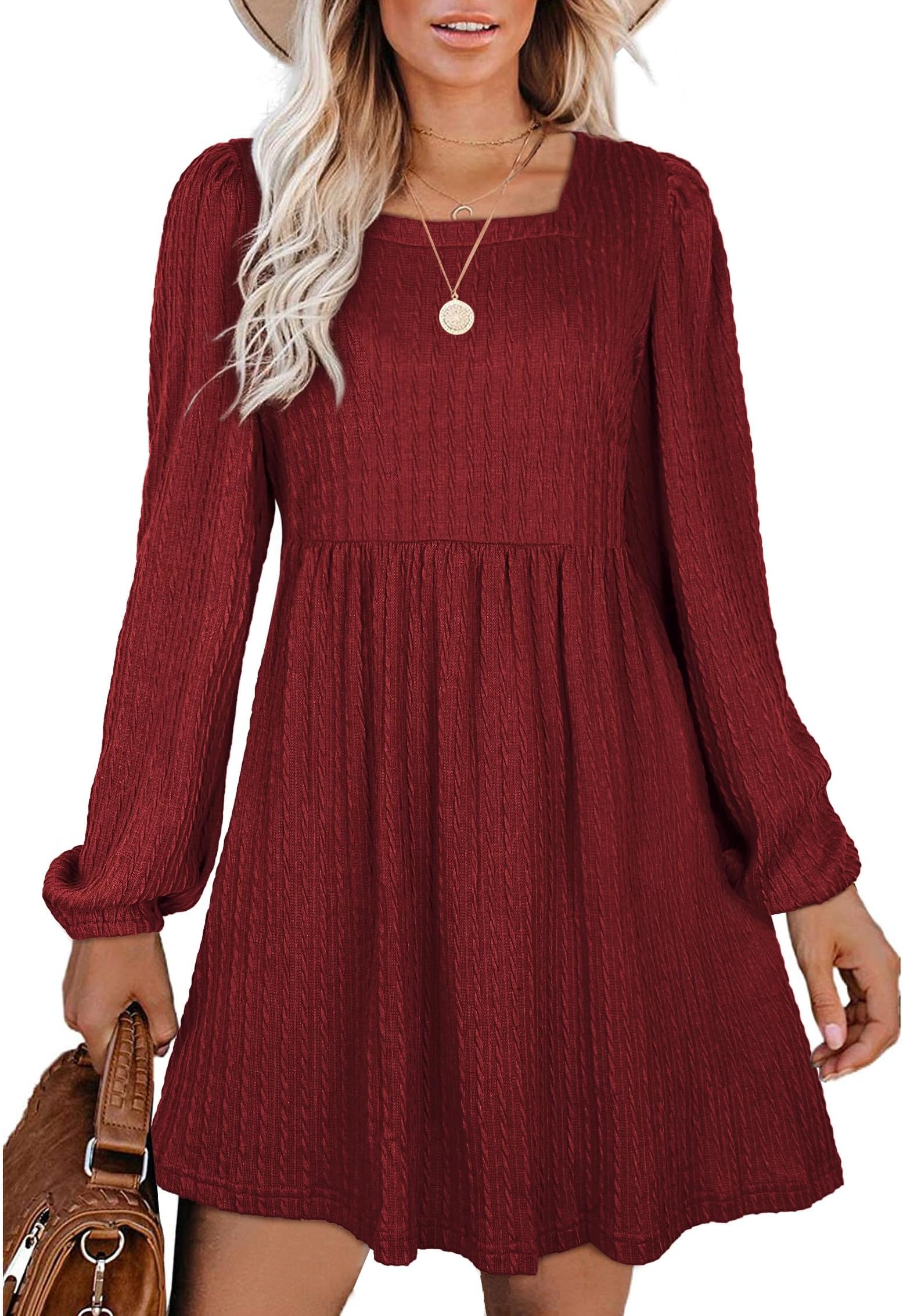 AokosorLong Sleeve Knit Dress Square Neck Jumper Dresses Knee Length Babydoll Dresses