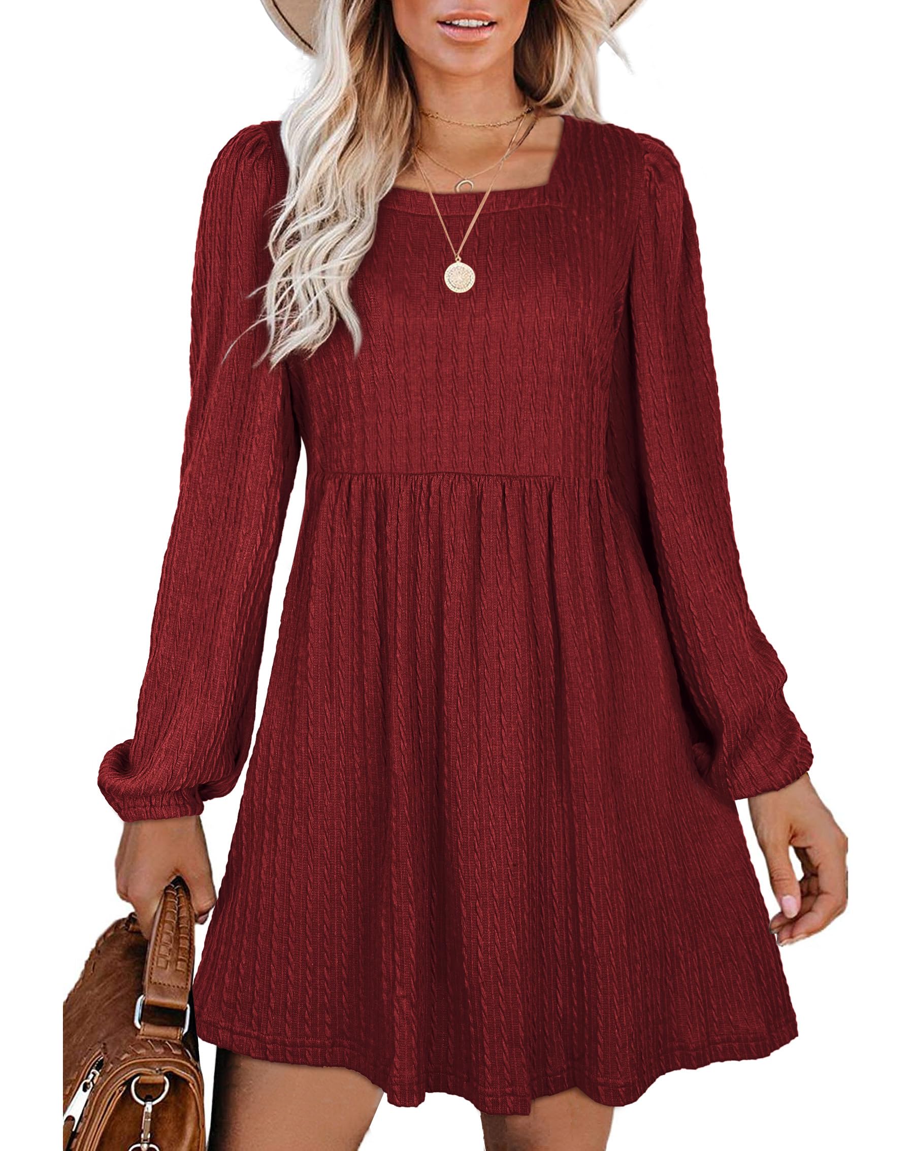 AokosorLong Sleeve Knit Dress Square Neck Jumper Dresses Knee Length Babydoll Dresses