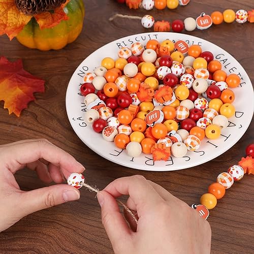 Miniatura 5 de Whaline 200 cuentas de madera de otoño, cuentas de madera rústicas de Acción de Gracias, hojas de arce de otoño, calabaza, cuentas redondas