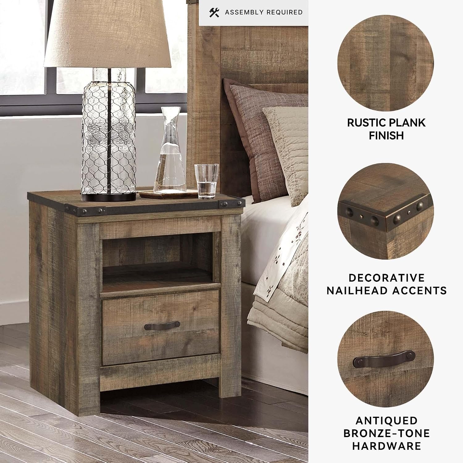 Signature Design by Ashley Trinell Nightstand with Charging Station | Dual USB ports, Engineered wood construction, Open storage cubby, Smooth-operating drawer, Antiqued bronze-tone hardware