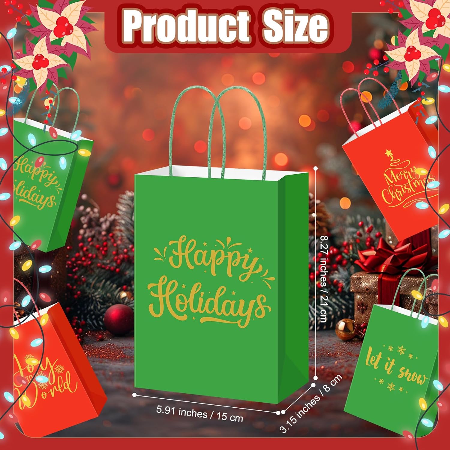 AmazingSpark 48 Pcs Christmas Kraft Gift Bags with Handles 4 Designs 5.91 x 3.15 x 8.27 Inches Xmas Paper Goody Bags Bulk for Treat Red and Green Holiday Party Favors Decoration Supplies(Simple)