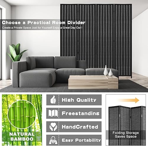 Miniatura 4 de Divisor de habitación de bambú de 6 pies, pantalla de privacidad plegable, 4 paneles plegables, divisores de pared independientes, pantalla de