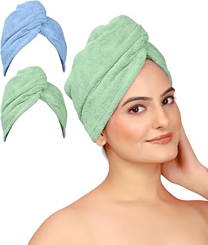 Microfiber Hair Towel with Button, Hair Turbans for Wet Hair, Head Towel to Dry Hair Quickly Blue, Green
