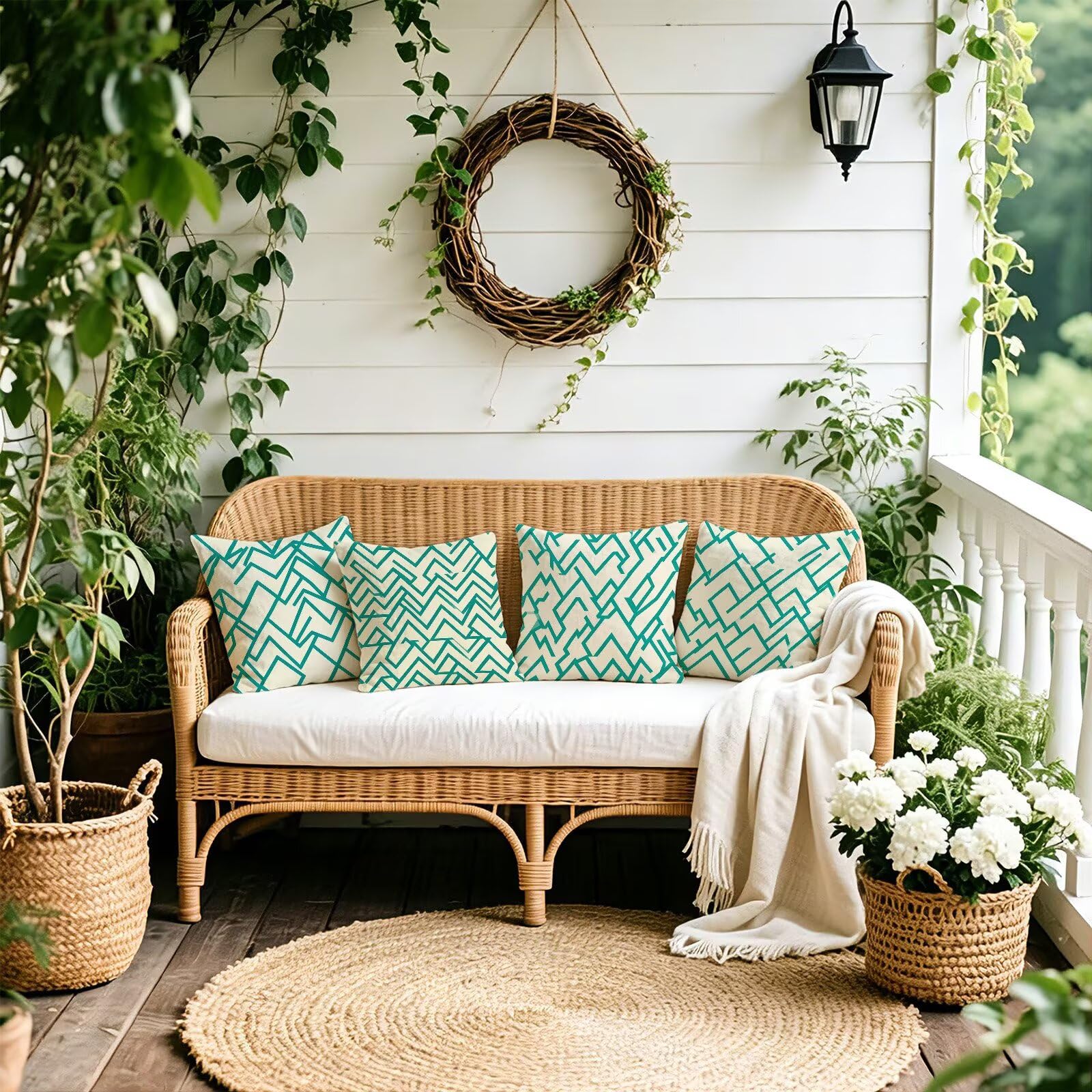Blu Federe Cuscini Divano 60x60cm, Cuscini da Esterno Set de 4, Cod-166 | Lin Copricuscini Decorativi Letto Arredo, per Letto, Soggiorno, Giardino, Esterno, Casa Decorazione Set di 4 Linea
