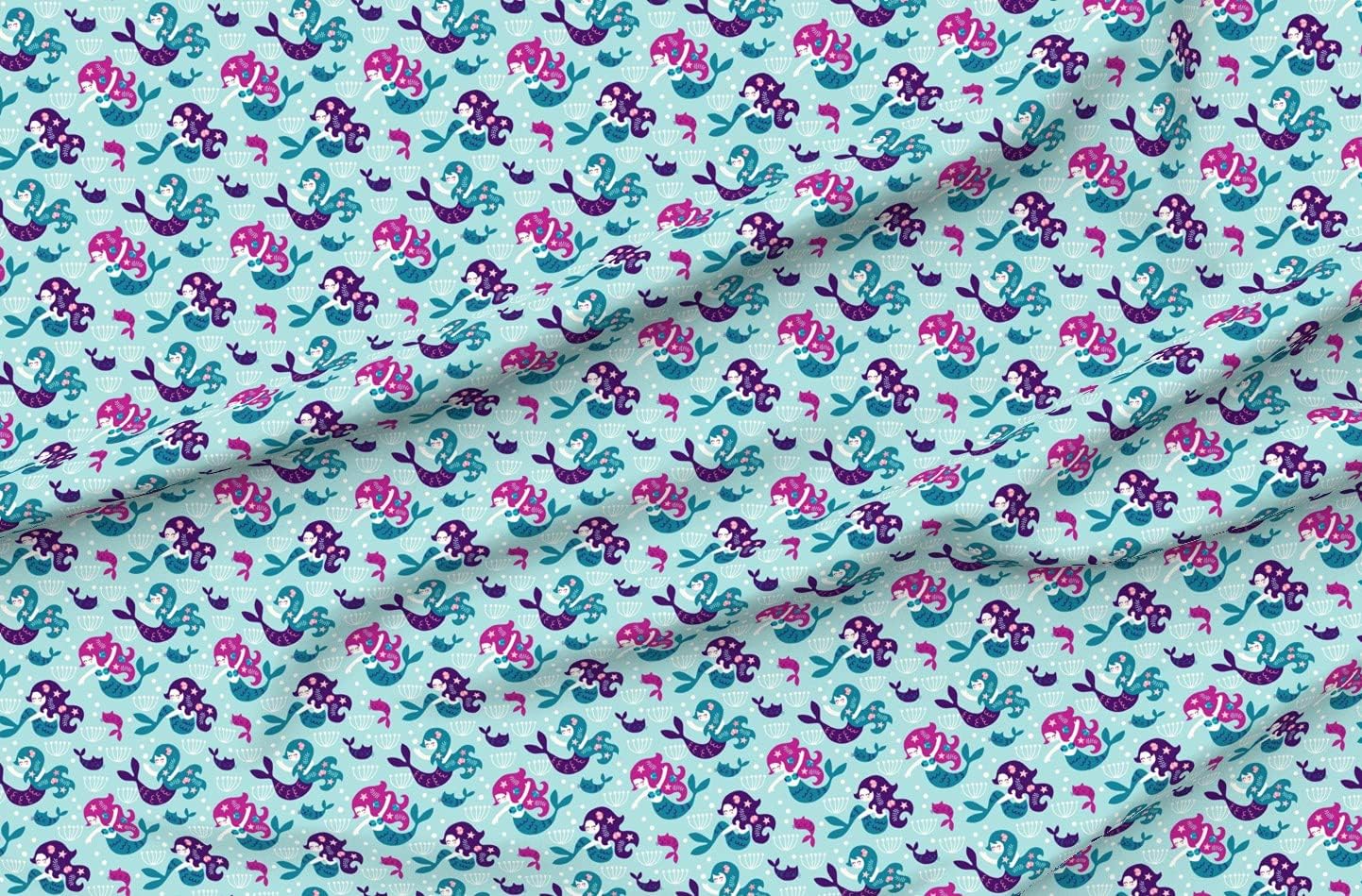 Spoonflower Fabric - Mermaids Purple Mermaid Cats Ocean Starfish Swimming Fish Shells Printed on Minky Fabric by The Yard - Sewing Baby Blankets Quilt Backing Plush