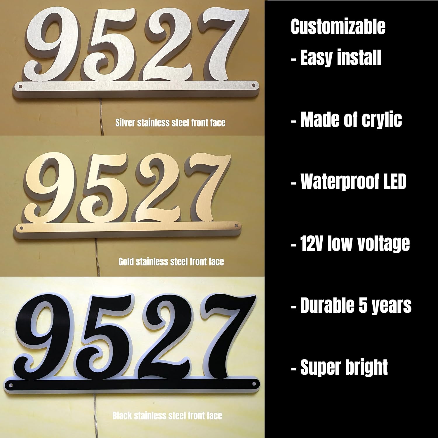 Personalized LED House Number Sign, Illuminated Address Plaque for Outside, Weatherproof Wall Mounted 12V Backlit Lighted Address Numbers