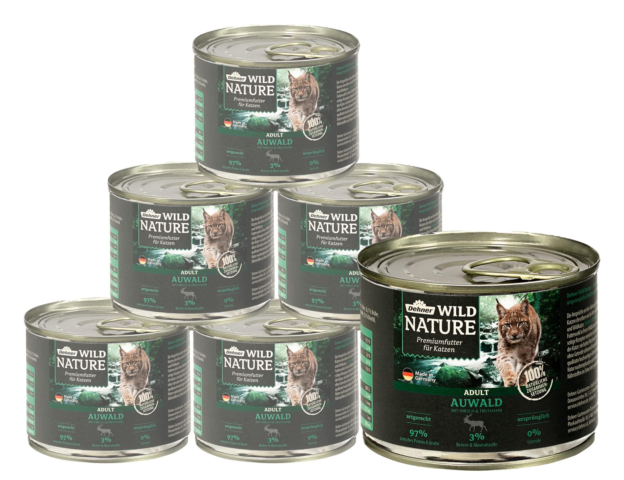 Dehner Wild Nature Katzenfutter Auwald, Nassfutter getreidefrei / zuckerfrei, für ausgewachsene Katzen, Hirsch / Truthahn, 6 x 200 g Dose (1.2 kg)
