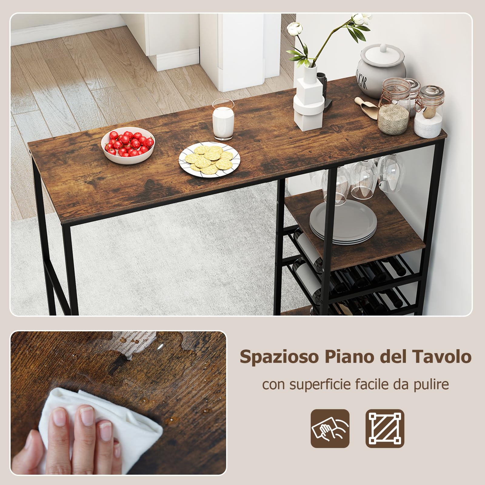 COSTWAY Tavolo da Bar 121 x 41 x 105,5 cm, Angolo Bar per Casa con Scaffali di Stoccaggio, Portabottiglie e Portacalici, Tavolo Alto per Cucina, Soggiorno, Ristorante e Bistrò