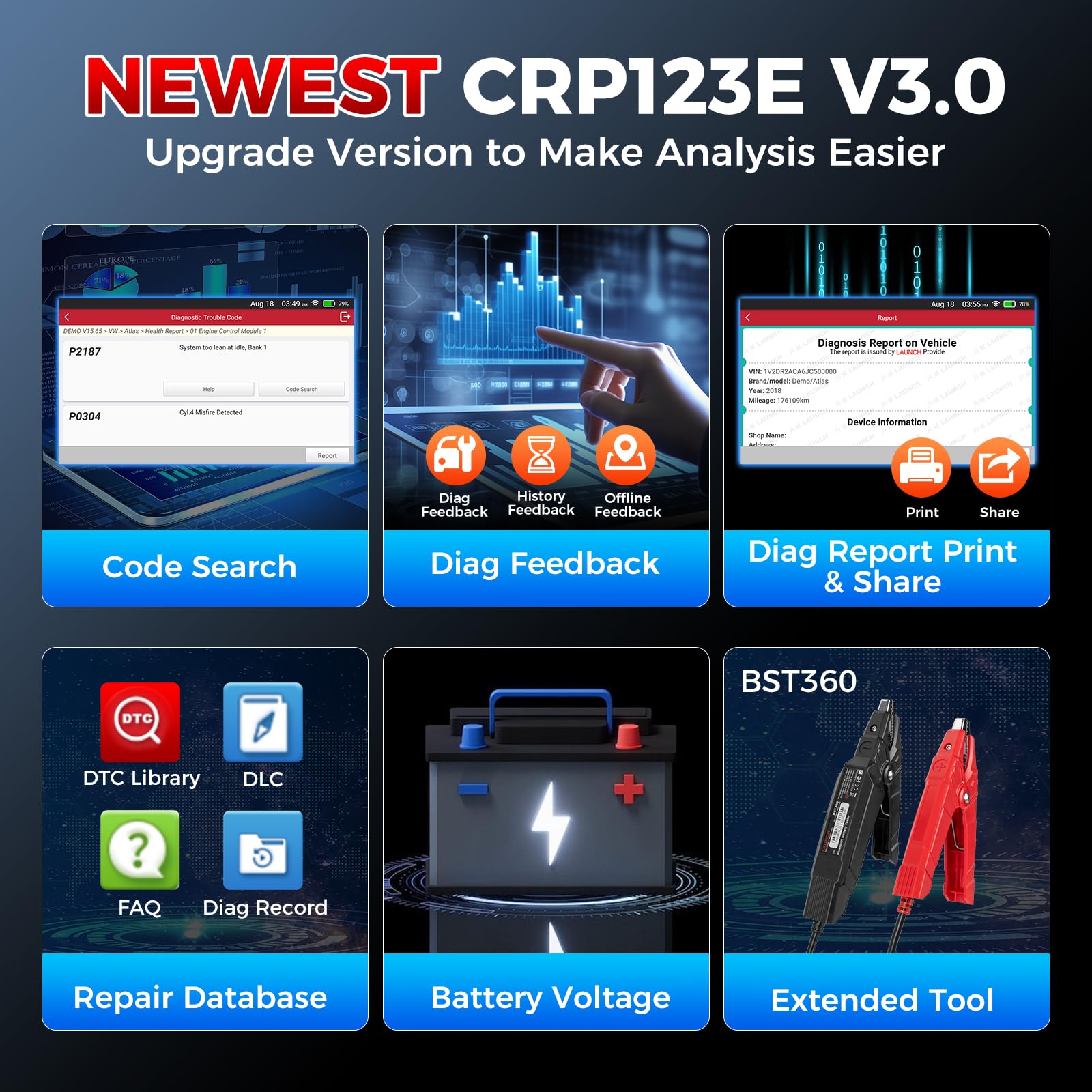 LAUNCH CRP123E V3.0 OBD2 Diagnosi Auto Italiano con 4 Sistemi ABS SRS Motore Trasmissione, 7 Reset EPB Dpf ABS BMS Olio SAS Acceleratore, Diagnostica Auto Professionale CANFD DOIP Aggiornamenti WiFi