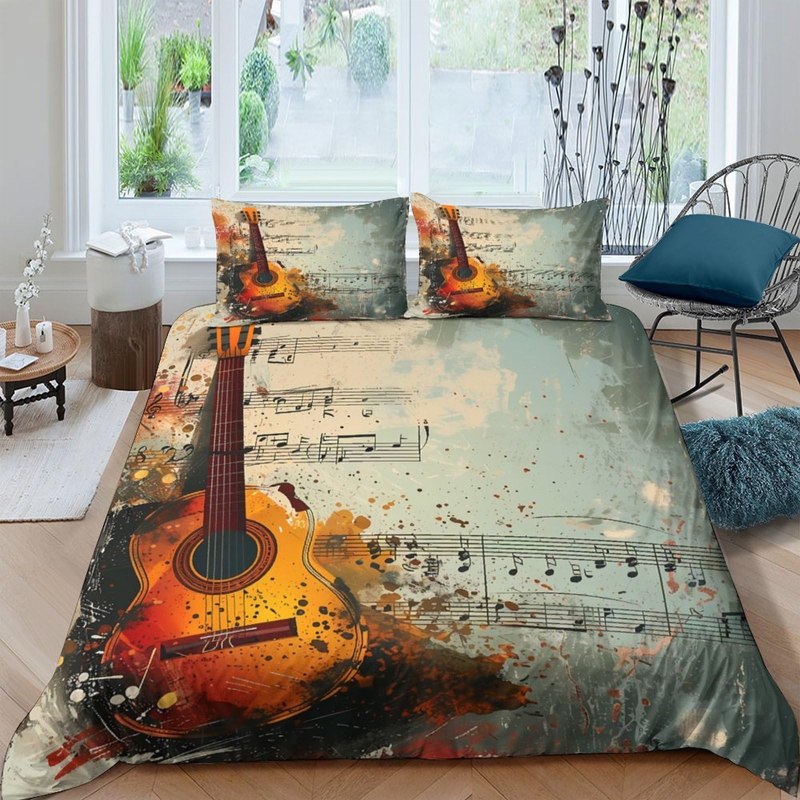 Ctjqhvkz Style-10 3D Printed Vintage Guitar Fitted Sheet Microfiber Soft Orange Music Notes Bed Cover For Bedroom Dorm Mattress Decor Single（135X200cm）