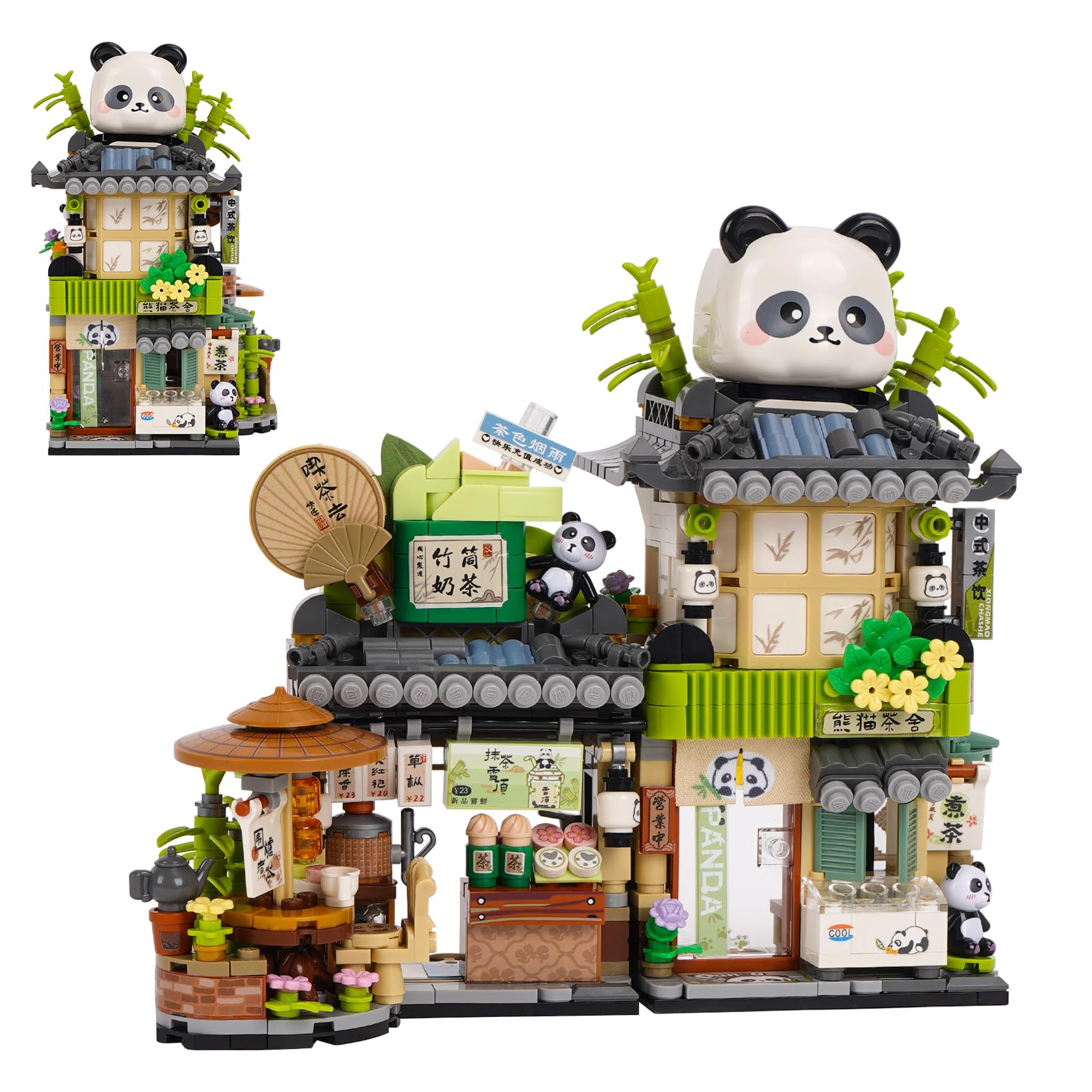 Oichy Street View Building Blocks Openable Panda Construction Tea Shop Model 860 PCS Panda MOC Creative House Model Mini Building Blocks Chinese Style Brick Set for Gift and Decoration