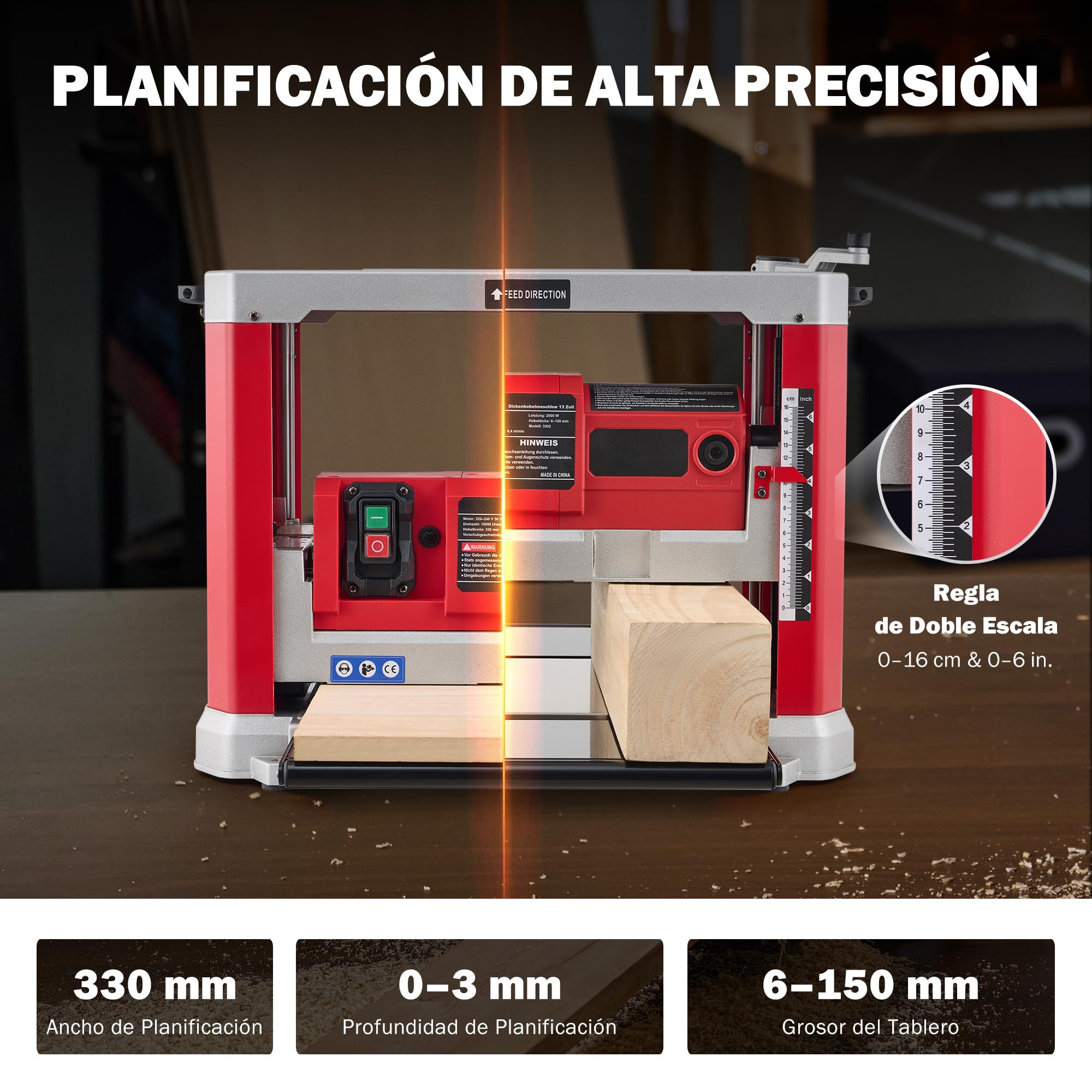 ZELCAN Cepilladora de Sobremesa para Madera 33 cm, 2000W, 2 Cuchillas, 20000 Cortes/min, Cepilladora Espesadora para Carpintería Profesional