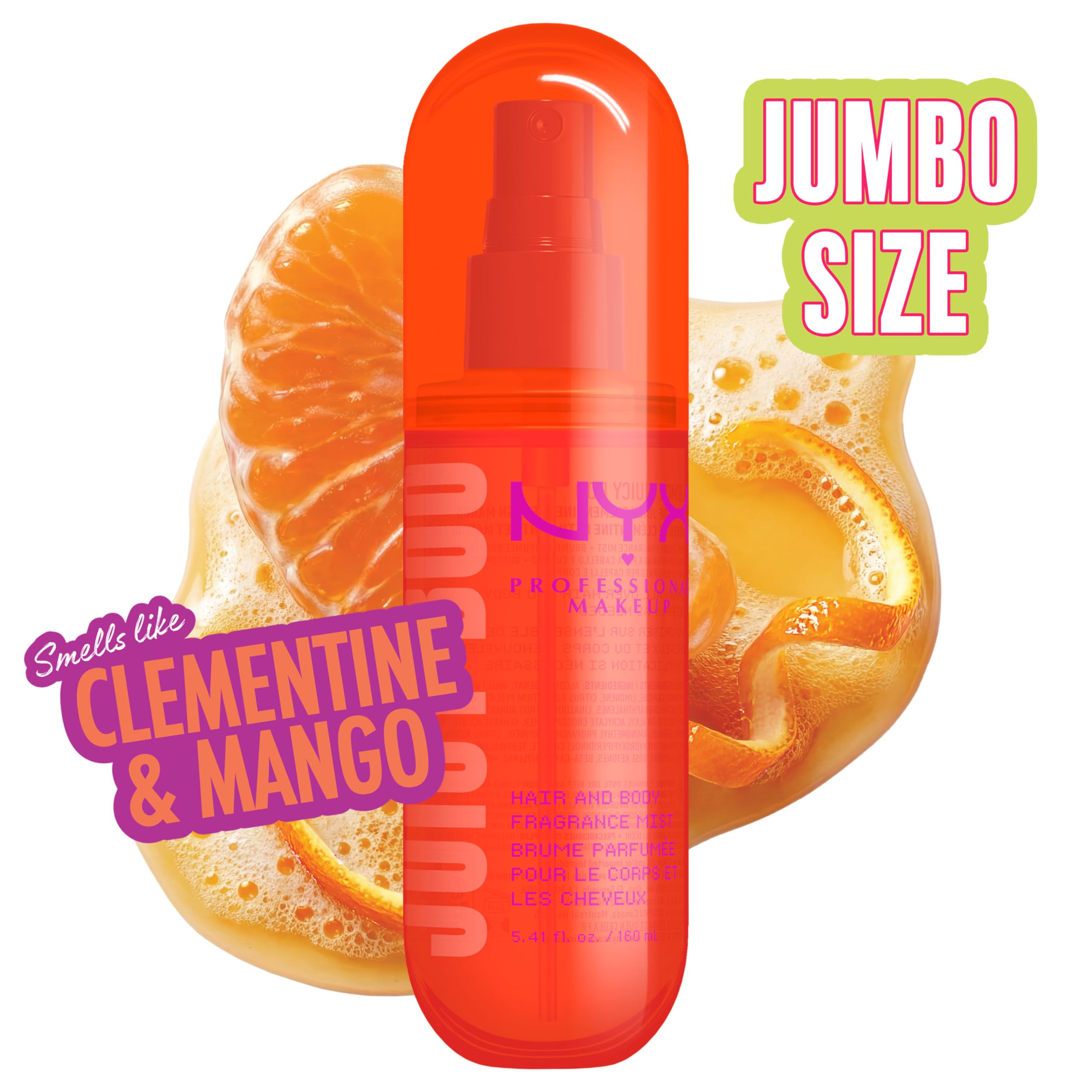NYX Professional Makeup Fat Oil Body Mist Spray Corpo e Capelli, Fragranza Dolce, Effetto Delicato, Note di Clementina e Mango, Juicy Boo, 160 ml
