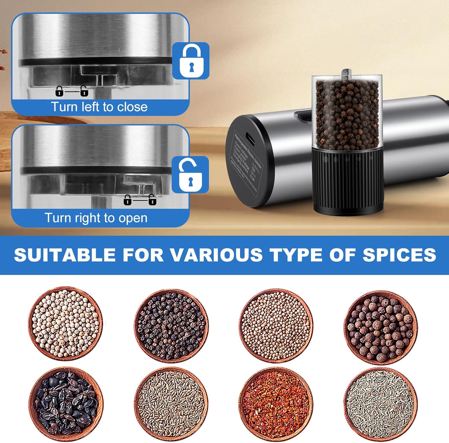 2 Pack Electric Salt and Pepper Grinder Set, Salt and Pepper Shakers with LED Light, USB C Dual Charging Base, Adjustable Coarseness, One-Hand Operation, Large Capacity for Kitchen, Dining & BBQ