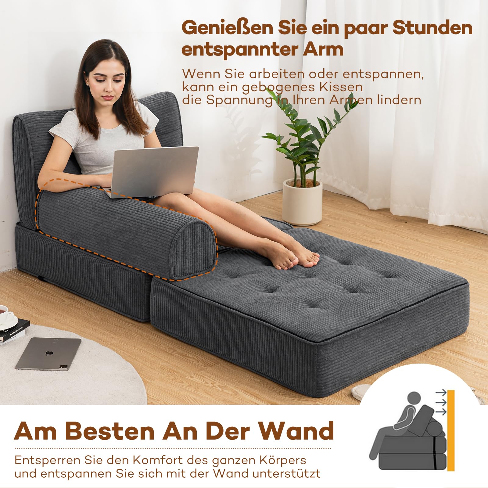 HOMMPA Faltbares Schlafsofa umwandelbarer 3-in-1 Sofa Bett Schlafsessel mit Kissen Sitzsack-Sofa Stuhl Komfortable Schlafcouch Bodensofa-Lounge für Schlafzimmer Wohnzimmer Grau 80CM