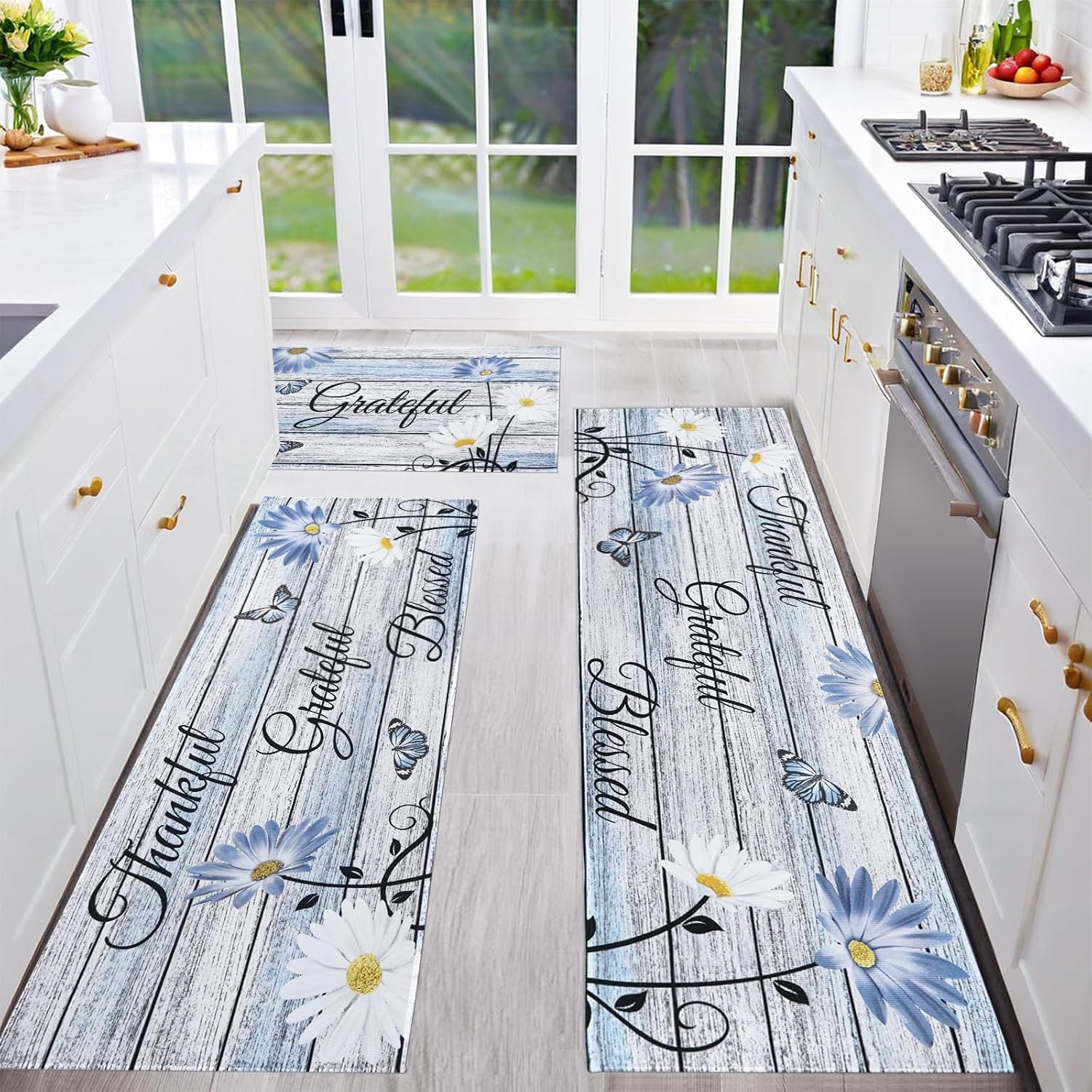 Farmhouse Kitchen Mats for Floor 3 Piece, Teal Kitchen Rugs and Mats Non Skid Washable for Kitchen Sink Floor, Floral Teal Kitchen Accessories and Decor Kitchen Mat, 17"x30"+17"x47"+17"x59"