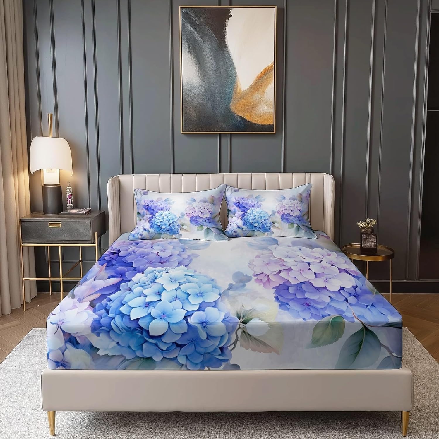 Hydrangea Double Fitted Sheet Watercolour Bed Sheets Deep Pocket 12 inch (30 cm) Soft Cozy 3 Piece Microfibre Bed Sheet 135x190 cm with 2 Pillowcases 50x75 cm