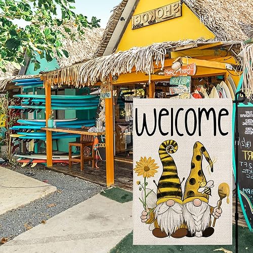 Miniatura 5 de Gnomos de verano - Bandera de jardín de bienvenida con girasol abeja miel patio 12 x 18 pulgadas pequeña decoración exterior de doble cara