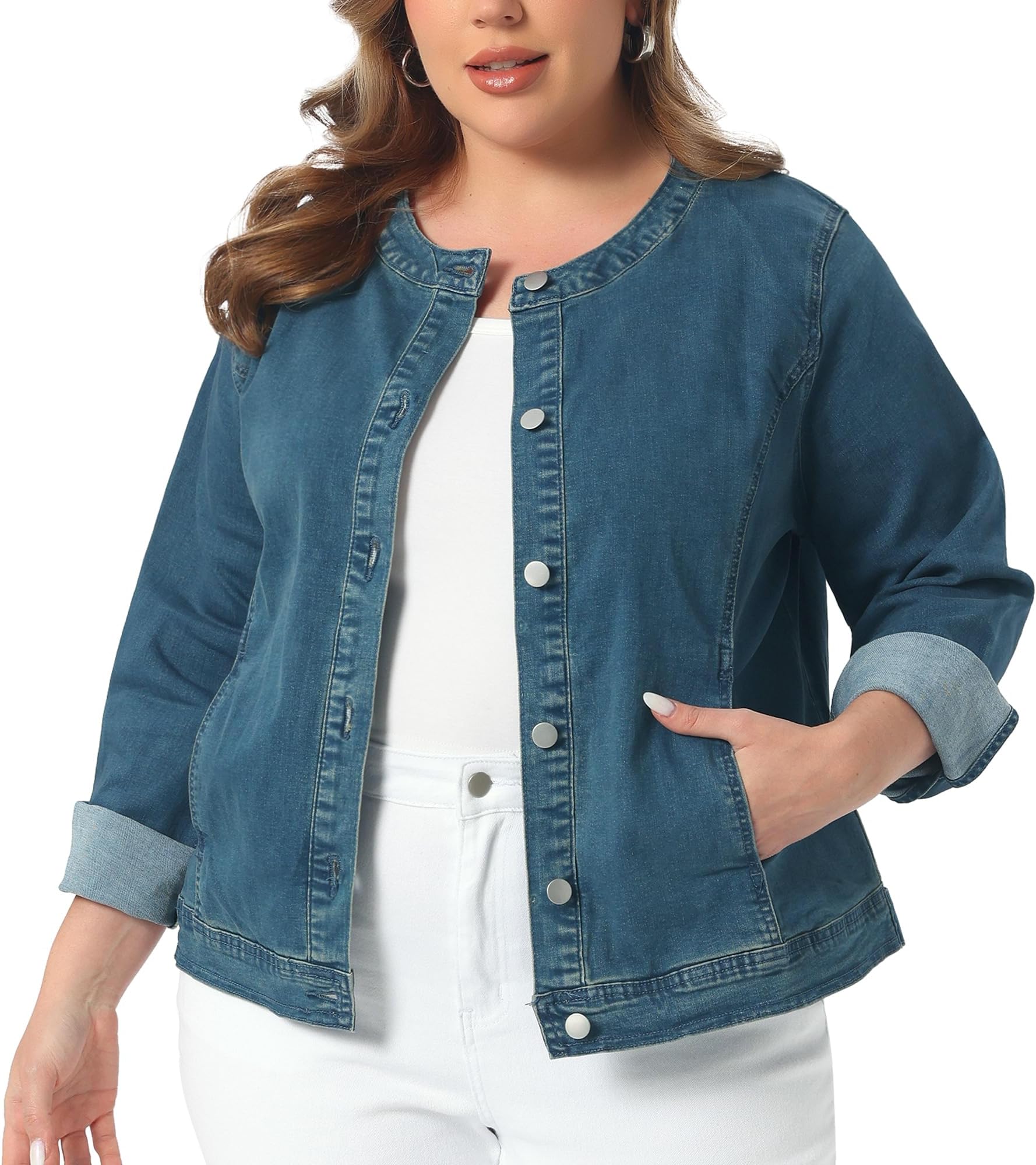 Women's Plus Size Denim Jacket Collarless Button Down Cargo Jean Jackets Shacket