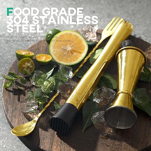 Miniatura 3 de Homestia Muddler - Juego de 3 piezas de acero inoxidable 304 de 10 pulgadas y cuchara de cóctel de 12 pulgadas y doble jigger, juego de cóctel de 3