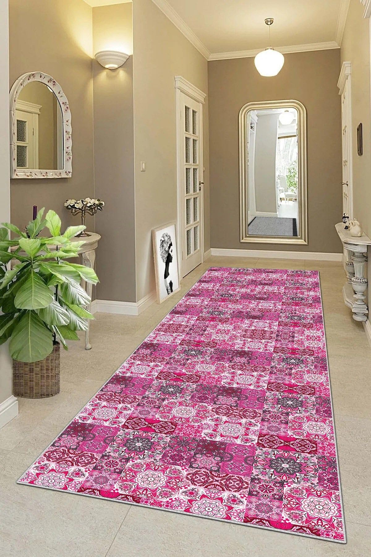 Pelangi Kilim Desenli Etnik Dijital Baskı Yıkanabilir Kaymaz Taban Modern Salon Halı ve Yolluk, Pembe 80 x 500, 9554926805007