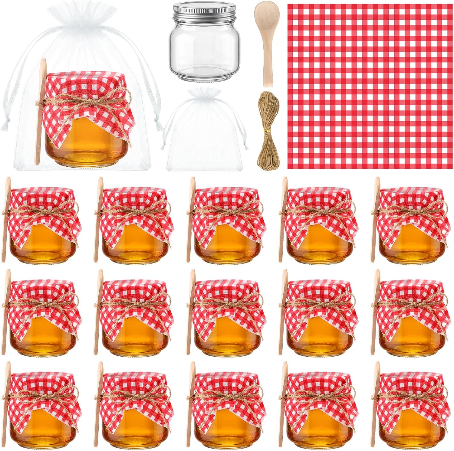 Funnymoom 16 Set 8.5 oz Glass Mason Jars with Lid Spoon Red Checkered Cloth | Yogurt Jam Jars, Mini Honey Jars Wedding Party Favors, Organza Bags and Jute Rope, for Baby Shower Birthday
