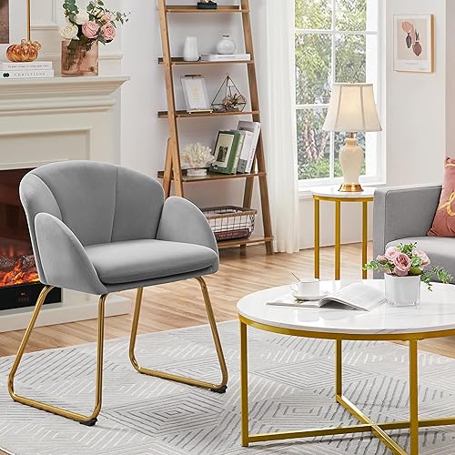 Miniatura 29 de Yaheetech Silla de tocador de terciopelo en forma de flor, sillón lateral moderno, silla de maquillaje sin ruedas con patas de metal dorado para